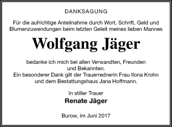 Traueranzeige von Wolfgang Jäger von Neubrandenburger Zeitung