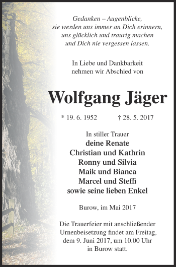 Traueranzeige von Wolfgang Jäger von Neubrandenburger Zeitung