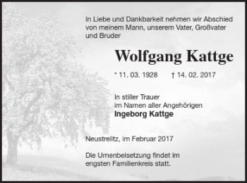 Traueranzeige von Wolfgang Kattge von Strelitzer Zeitung
