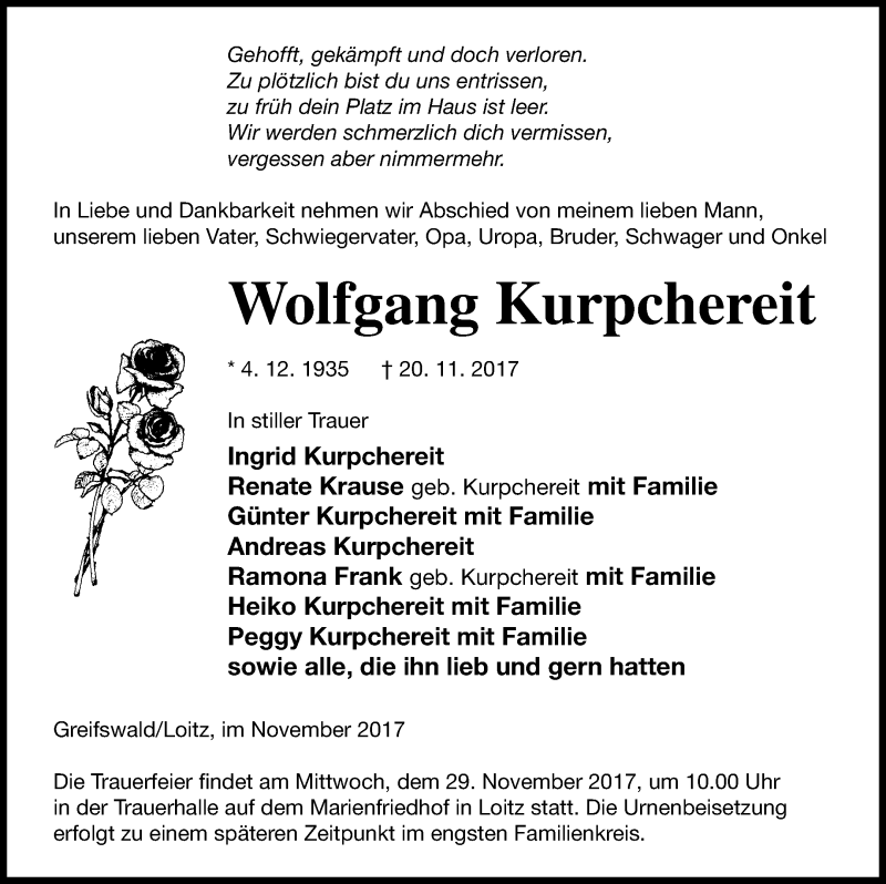  Traueranzeige für Wolfgang Kurpchereit vom 24.11.2017 aus Vorpommern Kurier