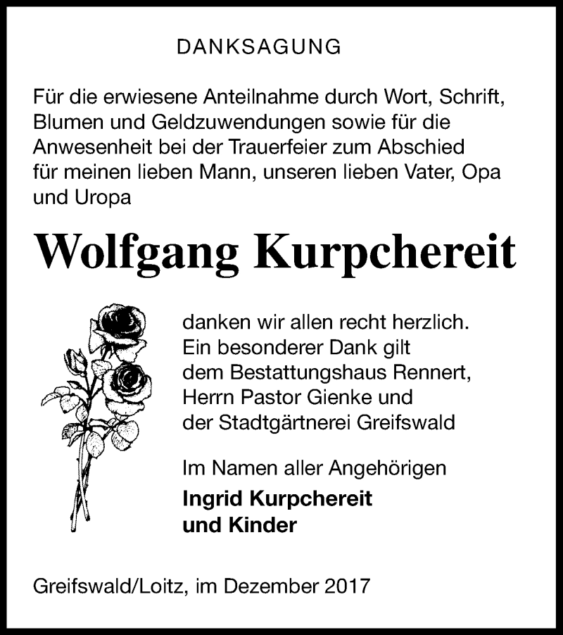  Traueranzeige für Wolfgang Kurpchereit vom 15.12.2017 aus Vorpommern Kurier