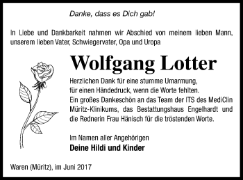 Traueranzeige von Wolfgang Lotter von Müritz-Zeitung