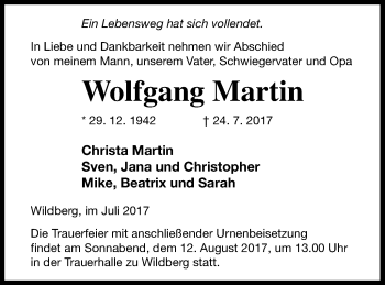 Traueranzeige von Wolfgang Martin von Neubrandenburger Zeitung