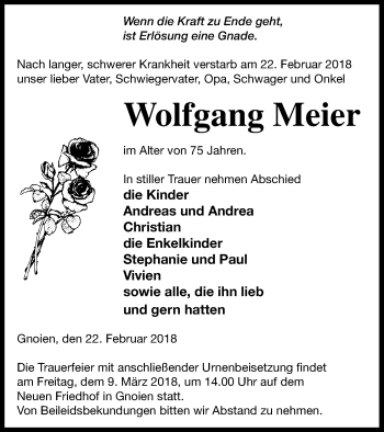 Traueranzeige von Wolfgang Meier von Mecklenburger Schweiz