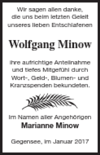 Traueranzeige von Wolfgang Minow von Haff-Zeitung