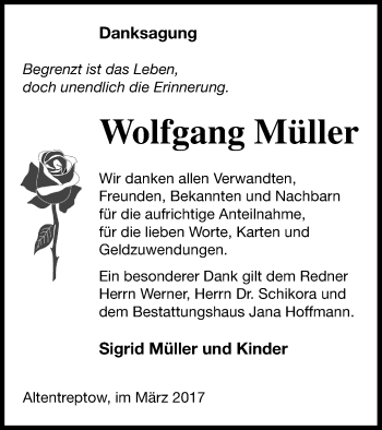 Traueranzeige von Wolfgang Müller von Neubrandenburger Zeitung