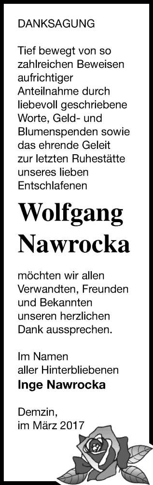 Traueranzeige von Wolfgang Nawrocka von Mecklenburger Schweiz