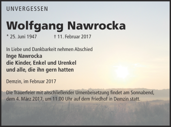 Traueranzeige von Wolfgang Nawrocka von Mecklenburger Schweiz