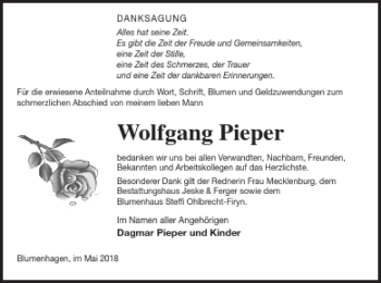 Traueranzeige von Wolfgang Pieper von Pasewalker Zeitung