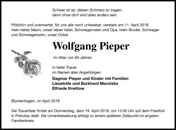 Traueranzeige von Wolfgang Pieper von Pasewalker Zeitung