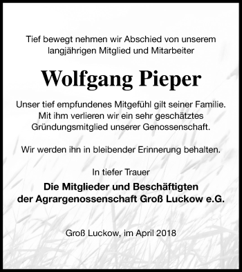 Traueranzeige von Wolfgang Pieper von Pasewalker Zeitung