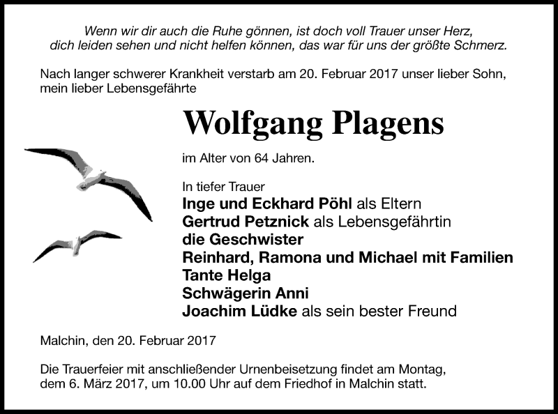  Traueranzeige für Wolfgang Plagens vom 25.02.2017 aus Mecklenburger Schweiz