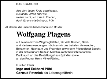 Traueranzeige von Wolfgang Plagens von Mecklenburger Schweiz