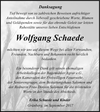 Traueranzeige von Wolfgang Schaede von Prenzlauer Zeitung