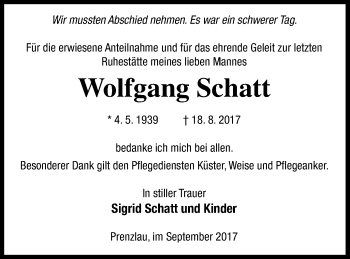 Traueranzeige von Wolfgang Schatt von Prenzlauer Zeitung