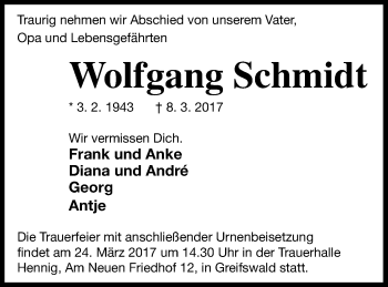 Traueranzeige von Wolfgang Schmidt von Demminer Zeitung