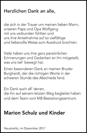 Traueranzeige von Wolfgang Schulz von Strelitzer Zeitung