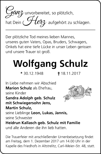 Traueranzeige von Wolfgang Schulz von Strelitzer Zeitung