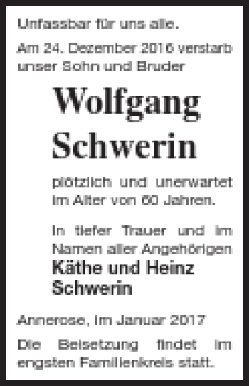 Traueranzeige von Wolfgang Schwerin von Vorpommern Kurier