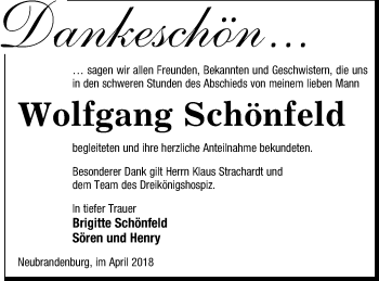 Traueranzeige von Wolfgang Schönfeld von Neubrandenburger Zeitung