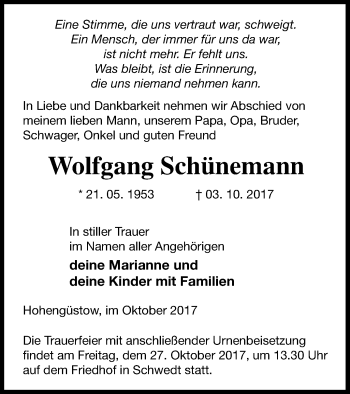 Traueranzeige von Wolfgang Schünemann von Prenzlauer Zeitung