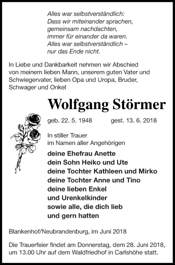 Traueranzeige von Wolfgang Störmer von Neubrandenburger Zeitung