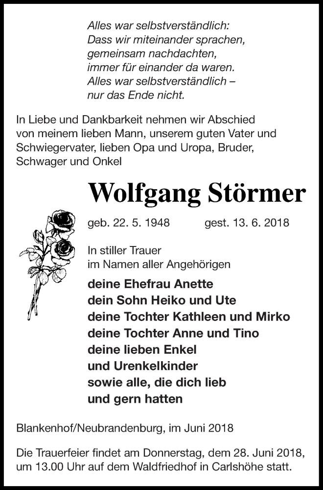  Traueranzeige für Wolfgang Störmer vom 21.06.2018 aus Neubrandenburger Zeitung