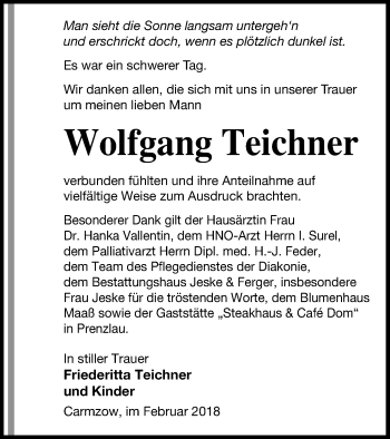 Traueranzeige von Wolfgang Teichner von Prenzlauer Zeitung