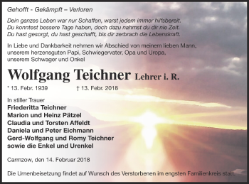 Traueranzeige von Wolfgang Teichner von Prenzlauer Zeitung