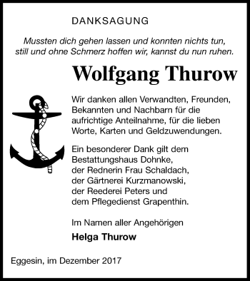 Traueranzeige von Wolfgang Thurow von Haff-Zeitung