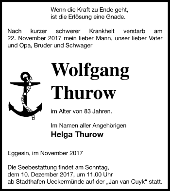 Traueranzeige von Wolfgang Thurow von Haff-Zeitung