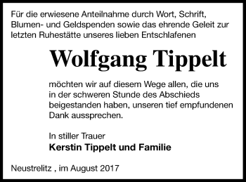 Traueranzeige von Wolfgang Tippelt von Strelitzer Zeitung