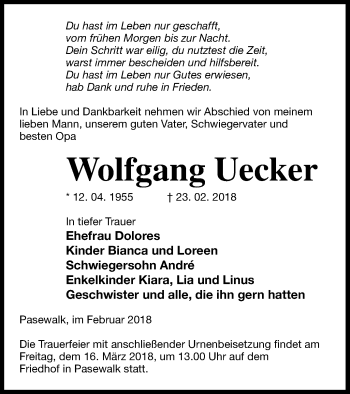 Traueranzeige von Wolfgang Uecker von Pasewalker Zeitung