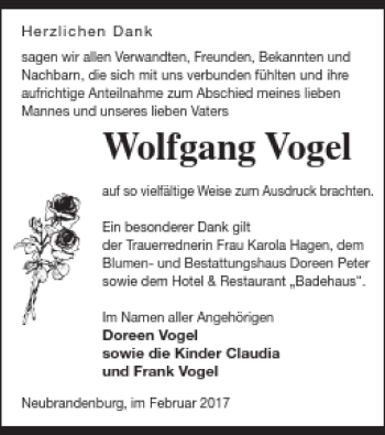 Traueranzeige von Wolfgang Vogel von Neubrandenburger Zeitung