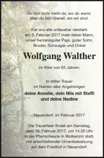 Traueranzeige von Wolfgang Walther von Neubrandenburger Zeitung