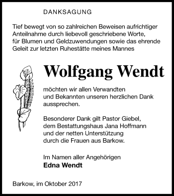 Traueranzeige von Wolfgang Wendt von Neubrandenburger Zeitung