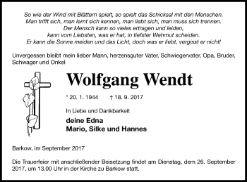 Traueranzeige von Wolfgang Wendt von Neubrandenburger Zeitung