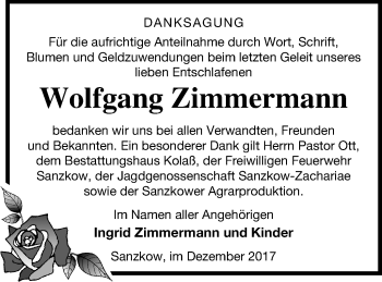 Traueranzeige von Wolfgang Zimmermann von Demminer Zeitung