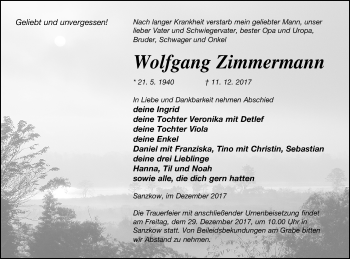 Traueranzeige von Wolfgang Zimmermann von Demminer Zeitung