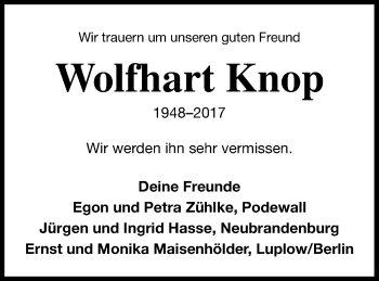 Traueranzeige von Wolfhart Knop von Neubrandenburger Zeitung