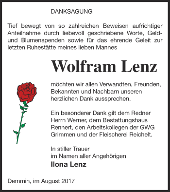 Traueranzeige von Wolfram Lenz von Demminer Zeitung