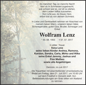 Traueranzeige von Wolfram Lenz von Demminer Zeitung