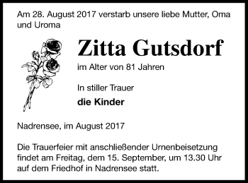 Traueranzeige von Zitta Gutsdorf von Pasewalker Zeitung