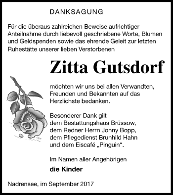 Traueranzeige von Zitta Gutsdorf von Pasewalker Zeitung