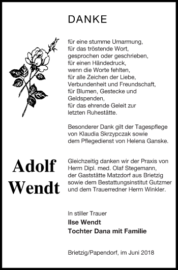 Traueranzeige von Adolf Wendt von Pasewalker Zeitung