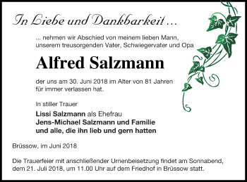 Traueranzeige von Alfred Salzmann von Pasewalker Zeitung