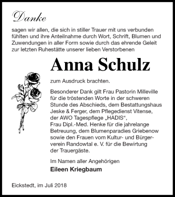 Traueranzeige von Anna Schulz von Prenzlauer Zeitung