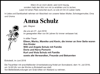 Traueranzeige von Anna Schulz von Prenzlauer Zeitung