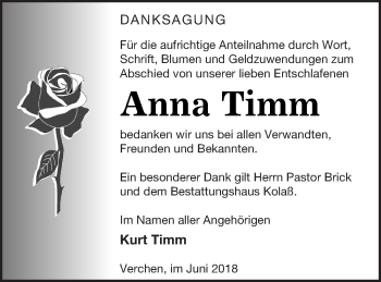 Traueranzeige von Anna Timm von Demminer Zeitung