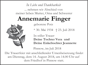 Traueranzeige von Annemarie Finger von Vorpommern Kurier